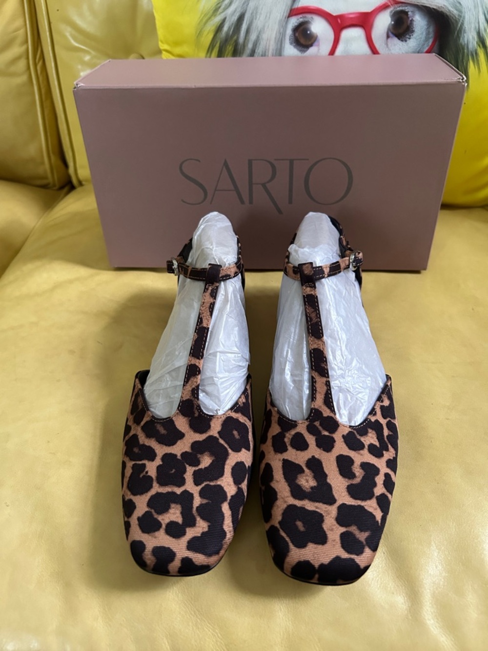 SARTO By Franco Sarto Leopard Print T‑Strap Flats - Brown/Black NIB